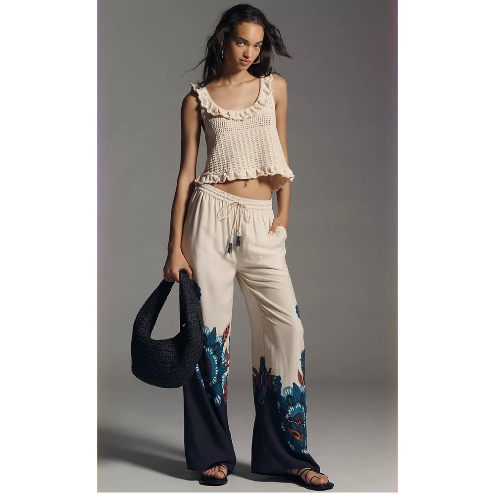 Farm Rio Anthropologie Floral Wide Leg Pants Cream Navy Blue Beaded Tassel Small - Picture 8 of 14